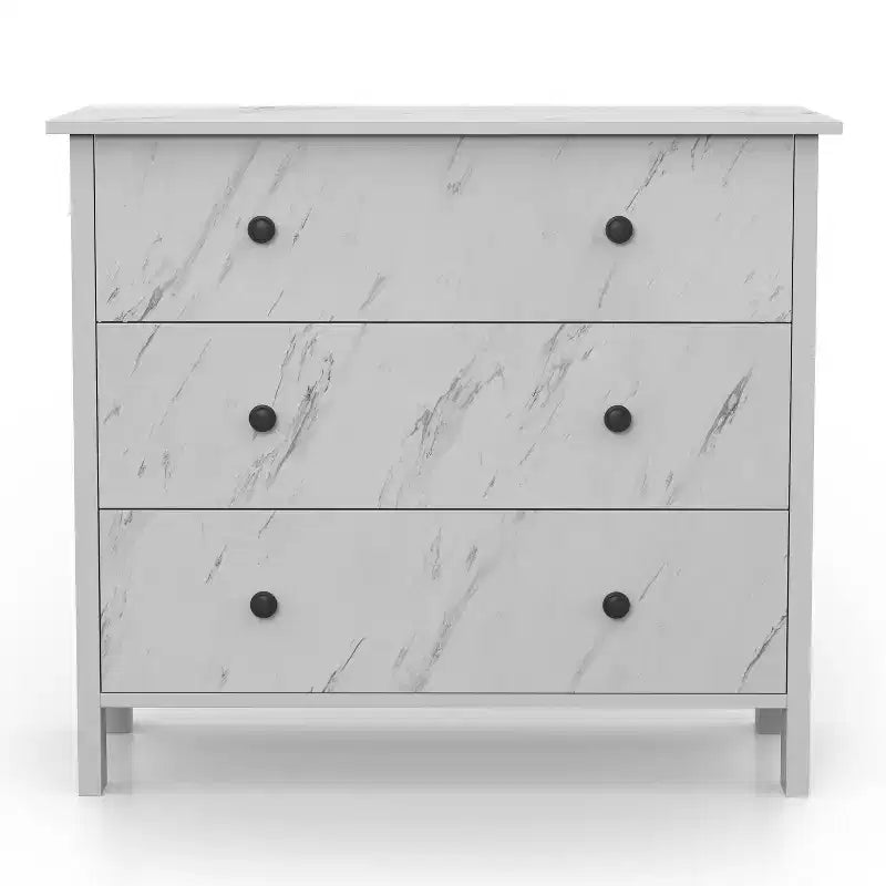 Commode Fichte Transitional 3 tiroirs imitation marbre blanc - miBasics : Rangement élégant, construction en MDF et panneaux de particules