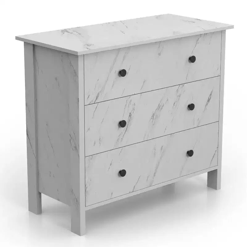 Commode Fichte Transitional 3 tiroirs imitation marbre blanc - miBasics : Rangement élégant, construction en MDF et panneaux de particules