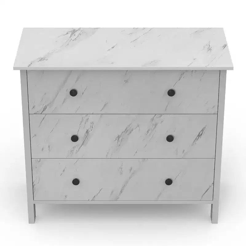 Commode Fichte Transitional 3 tiroirs imitation marbre blanc - miBasics : Rangement élégant, construction en MDF et panneaux de particules