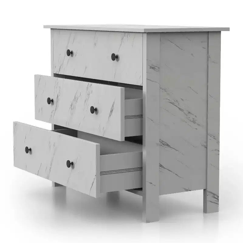 Commode Fichte Transitional 3 tiroirs imitation marbre blanc - miBasics : Rangement élégant, construction en MDF et panneaux de particules