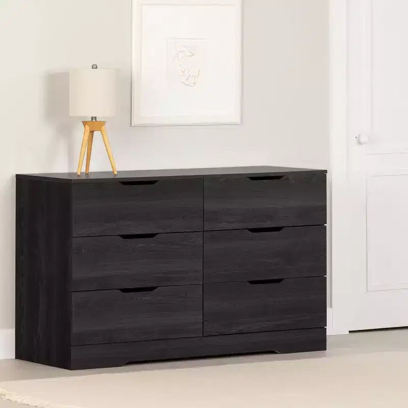 Commode double 6 tiroirs South Shore Fynn chêne gris : Panneau de particules stratifié, Garantie de 5 ans, Quincaillerie anti-basculement
