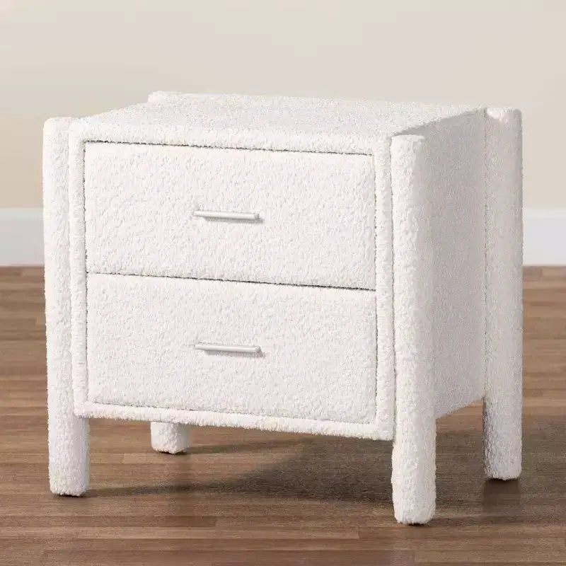 Table de chevet Baxton Studio Laria en tissu Teddy Bear, 2 tiroirs, blanc