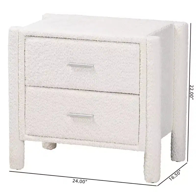 Table de chevet Baxton Studio Laria en tissu Teddy Bear, 2 tiroirs, blanc