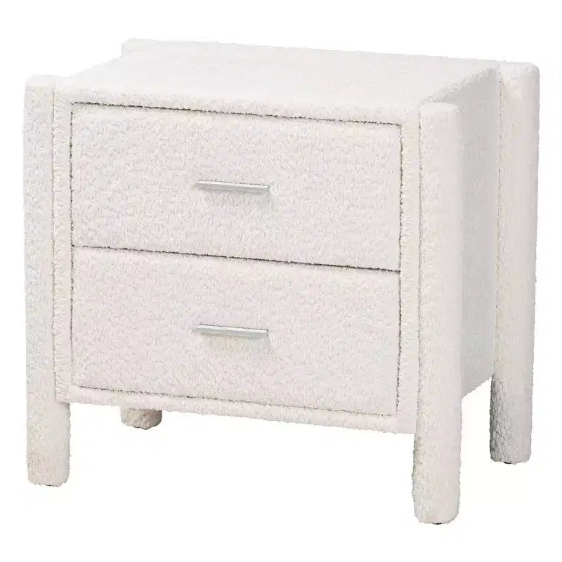 Table de chevet Baxton Studio Laria en tissu Teddy Bear, 2 tiroirs, blanc