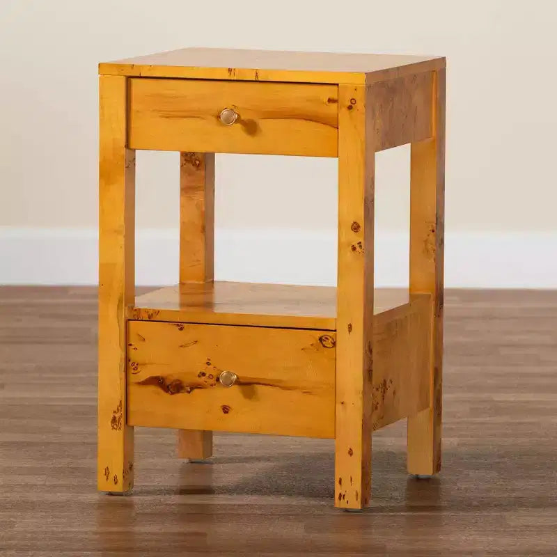 bali & pari Table de chevet à 2 tiroirs Azmi Wood placage de loupe de Mappa clair