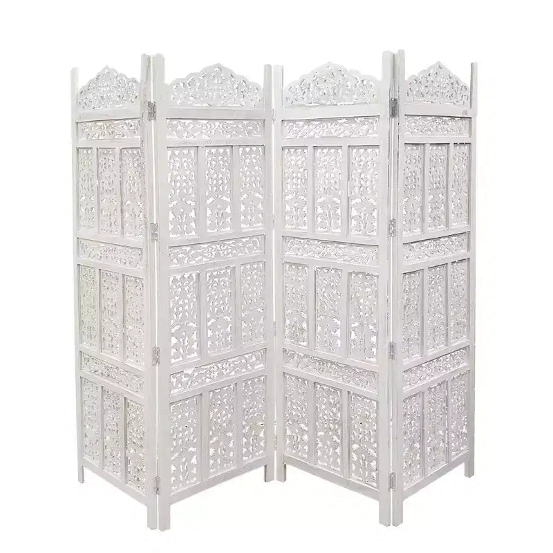 The Urban Port Aesthetically Carved 4 Panel Wooden Partition Screen/Room Divider Distressed White