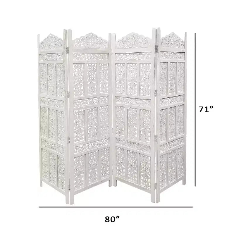 Le Paravent/Séparateur de Pièce en Bois 4 Panneaux Sculpté Esthétiquement, Style Port Urbain, Blanc Vieilli