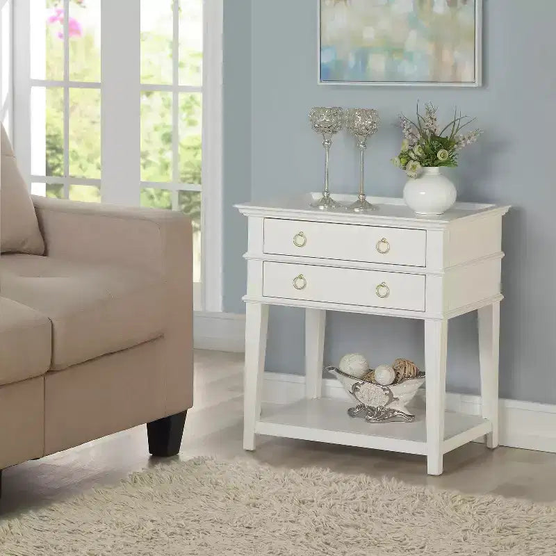 Table de chevet Clara Comfort Pointe, blanche : plateau encastré, 2 tiroirs, étagère ouverte, MDF peint, cadre en bois