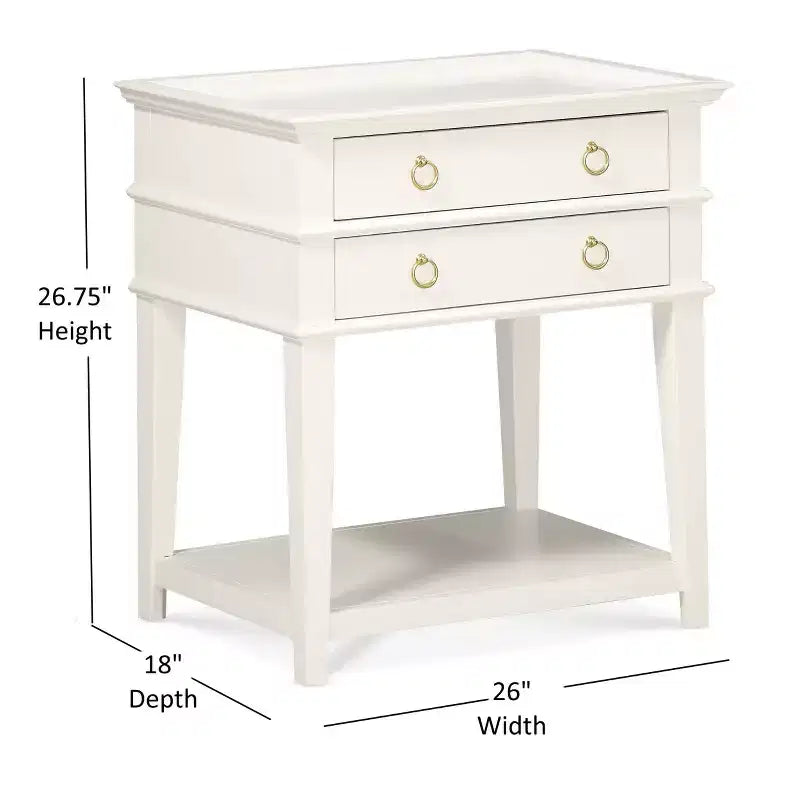 Table de chevet Clara Comfort Pointe, blanche : plateau encastré, 2 tiroirs, étagère ouverte, MDF peint, cadre en bois
