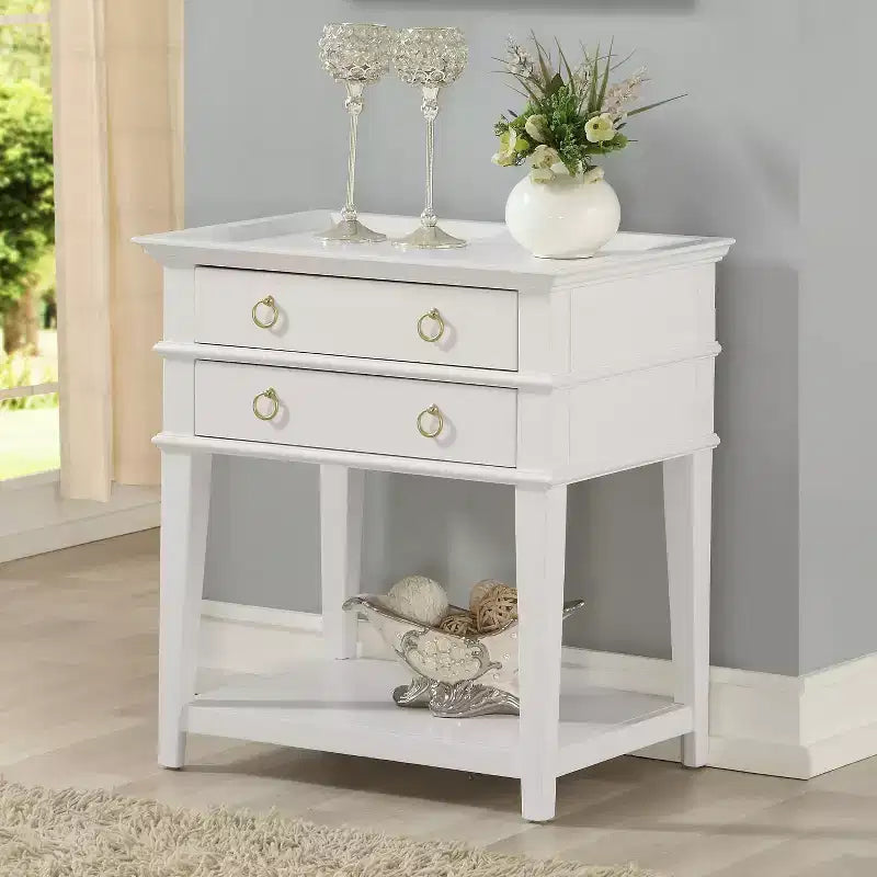 Table de chevet Clara Comfort Pointe, blanche : plateau encastré, 2 tiroirs, étagère ouverte, MDF peint, cadre en bois
