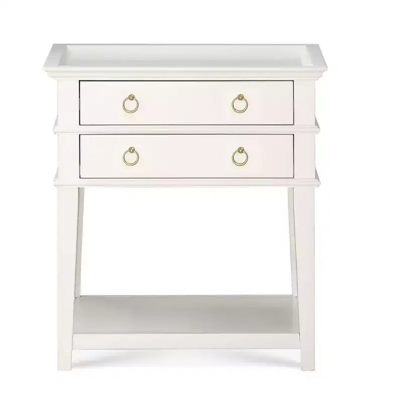 Table de chevet Clara Comfort Pointe, blanche : plateau encastré, 2 tiroirs, étagère ouverte, MDF peint, cadre en bois