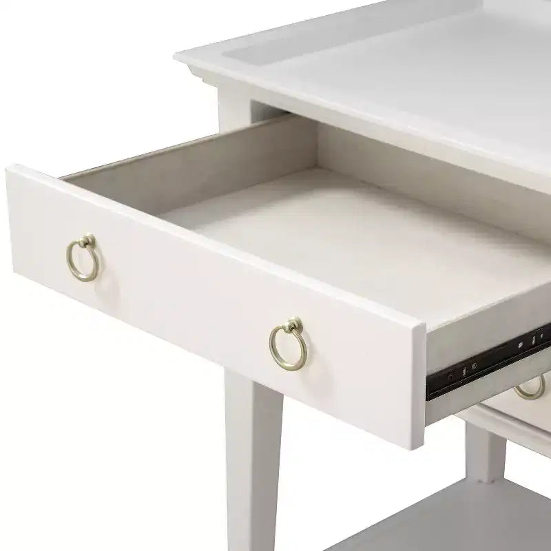 Table de chevet Clara Comfort Pointe, blanche : plateau encastré, 2 tiroirs, étagère ouverte, MDF peint, cadre en bois