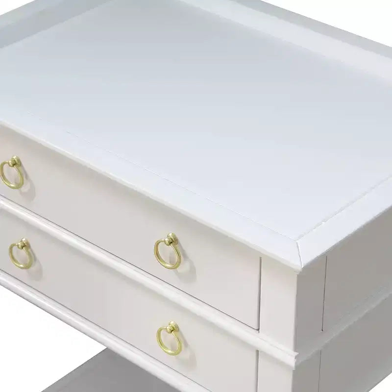 Table de chevet Clara Comfort Pointe, blanche : plateau encastré, 2 tiroirs, étagère ouverte, MDF peint, cadre en bois