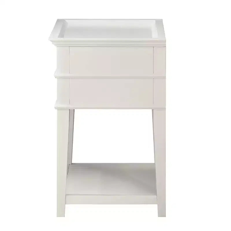 Table de chevet Clara Comfort Pointe, blanche : plateau encastré, 2 tiroirs, étagère ouverte, MDF peint, cadre en bois