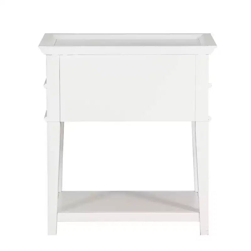 Table de chevet Clara Comfort Pointe, blanche : plateau encastré, 2 tiroirs, étagère ouverte, MDF peint, cadre en bois