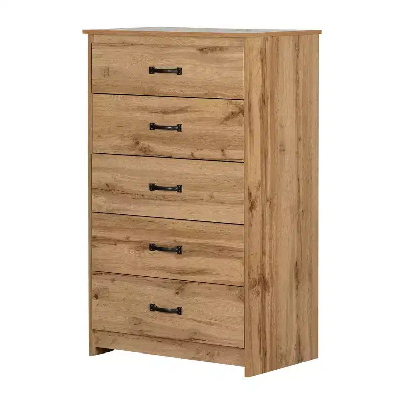 Commode 5 tiroirs South Shore Tassio Chêne Nordique : Style champêtre moderne, coulisses en métal, panneaux de particules
