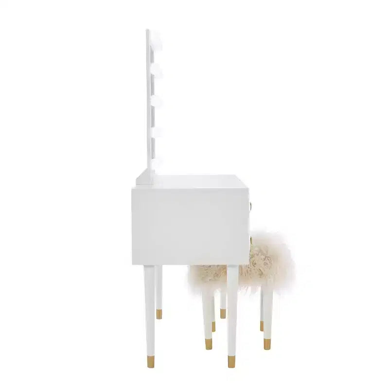 Coiffeuse 5 tiroirs en bois massif Geo avec miroir éclairé et tabouret – Linon : Style Hollywood Glamour