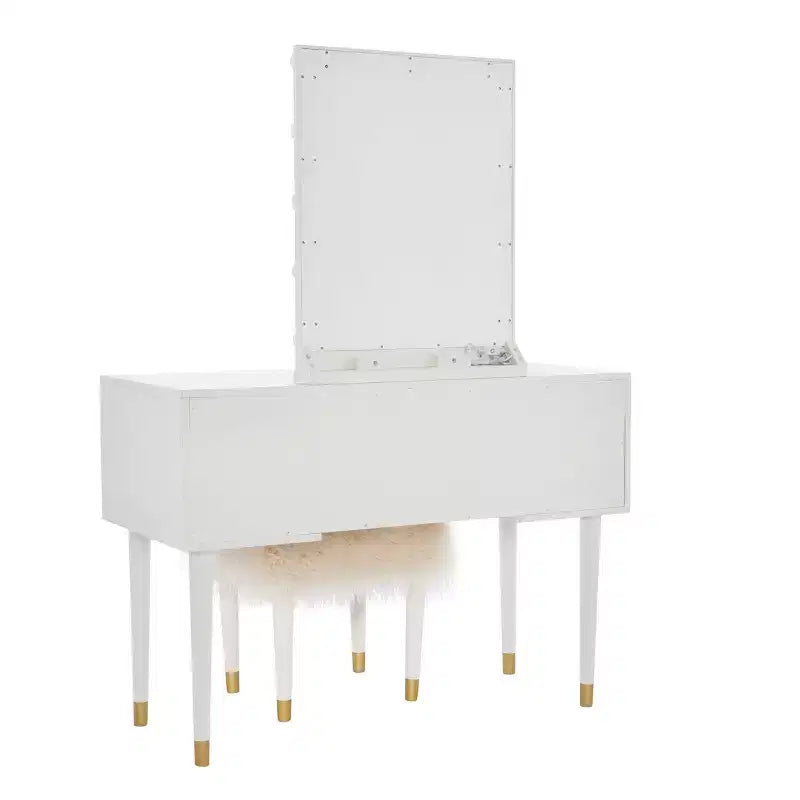 Coiffeuse 5 tiroirs en bois massif Geo avec miroir éclairé et tabouret – Linon : Style Hollywood Glamour