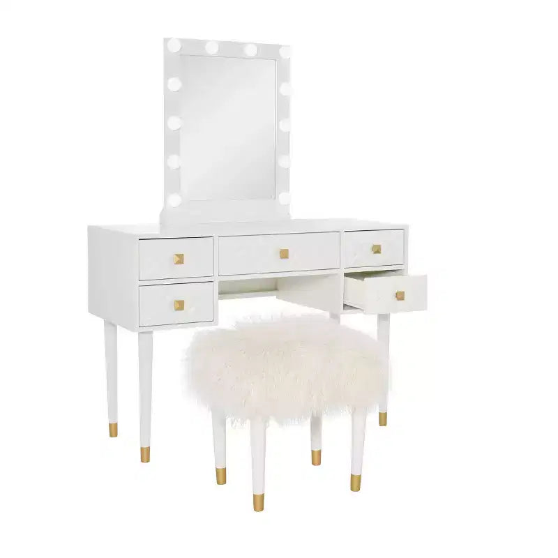 Coiffeuse 5 tiroirs en bois massif Geo avec miroir éclairé et tabouret – Linon : Style Hollywood Glamour