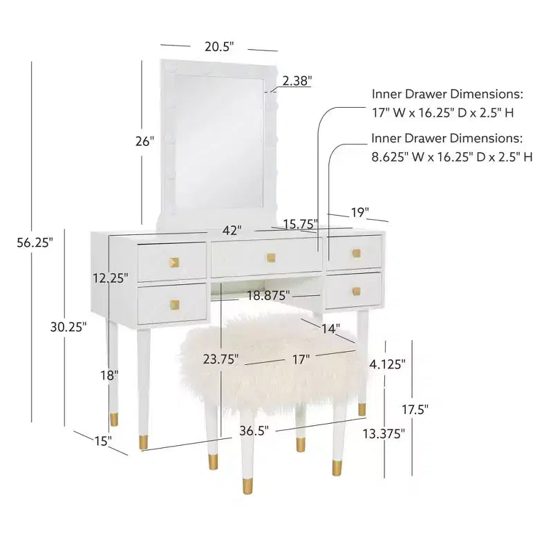 Coiffeuse 5 tiroirs en bois massif Geo avec miroir éclairé et tabouret – Linon : Style Hollywood Glamour