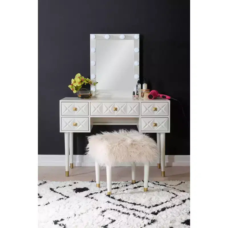 Coiffeuse 5 tiroirs en bois massif Geo avec miroir éclairé et tabouret – Linon : Style Hollywood Glamour