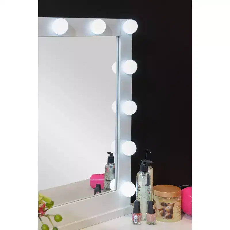 Coiffeuse 5 tiroirs en bois massif Geo avec miroir éclairé et tabouret – Linon : Style Hollywood Glamour
