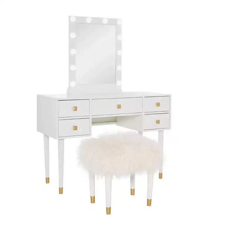 Coiffeuse 5 tiroirs en bois massif Geo avec miroir éclairé et tabouret – Linon : Style Hollywood Glamour