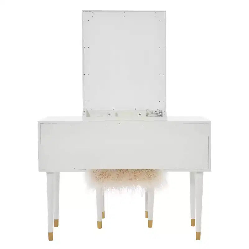 Coiffeuse 5 tiroirs en bois massif Geo avec miroir éclairé et tabouret – Linon : Style Hollywood Glamour