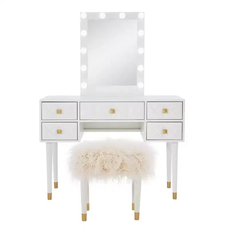 Coiffeuse 5 tiroirs en bois massif Geo avec miroir éclairé et tabouret – Linon : Style Hollywood Glamour