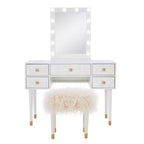Coiffeuse 5 tiroirs en bois massif Geo avec miroir éclairé et tabouret – Linon : Style Hollywood Glamour