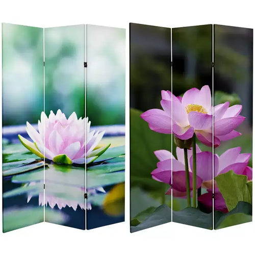 6" Double Sided Lotus Blossom Canvas Room Divider Green - Oriental Furniture: Adjustable 3-Panel Privacy Screen, Spruce Wood Frame