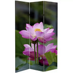 Paravent Toile Double Face Fleur de Lotus Verte 180 cm - Meubles Orientaux : Séparateur de Pièce Réglable 3 Panneaux, Cadre en Bois d'Épicéa