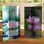 Paravent Toile Double Face Fleur de Lotus Verte 180 cm - Meubles Orientaux : Séparateur de Pièce Réglable 3 Panneaux, Cadre en Bois d'Épicéa