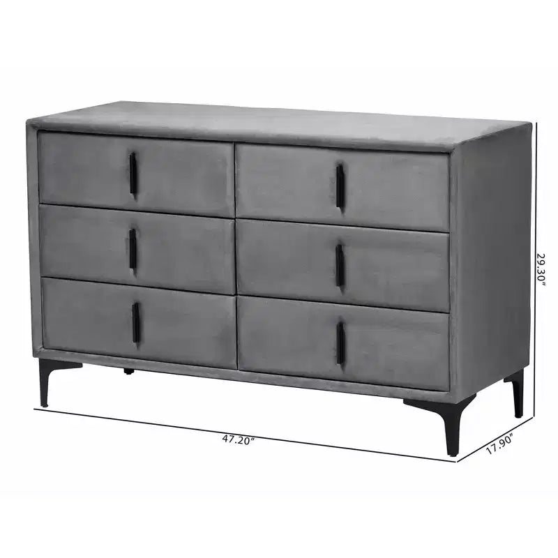 Commode Baxton Studio Etienne en velours 6 tiroirs gris ardoise/noir