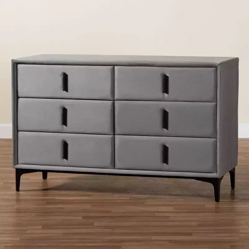 Commode Baxton Studio Etienne en velours 6 tiroirs gris ardoise/noir