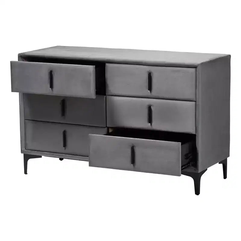 Commode Baxton Studio Etienne en velours 6 tiroirs gris ardoise/noir