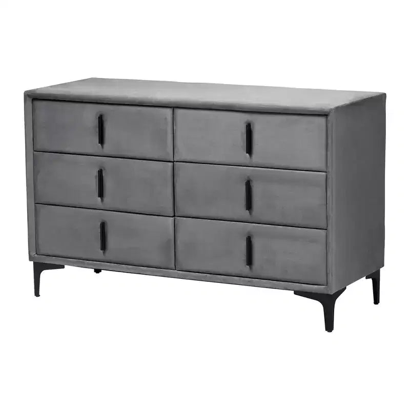 Commode Baxton Studio Etienne en velours 6 tiroirs gris ardoise/noir