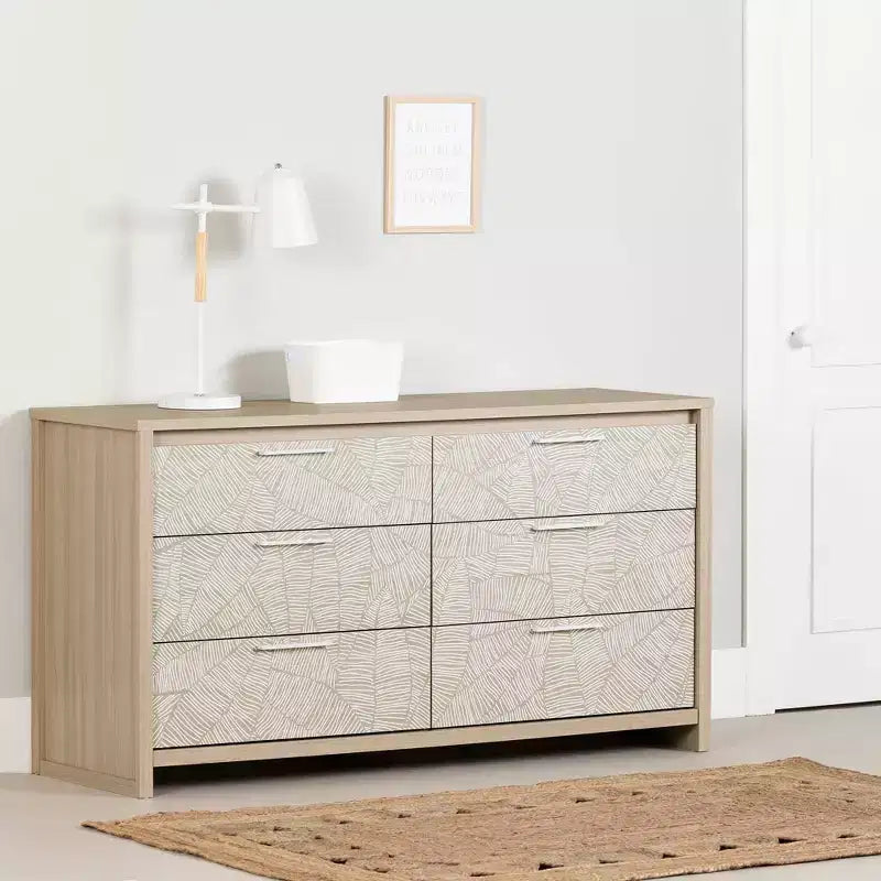 Commode double South Shore Orme doux/Blanc : Commode horizontale à 6 tiroirs, Quincaillerie anti-basculement, Fini stratifié, Largeur de 58,5 pouces