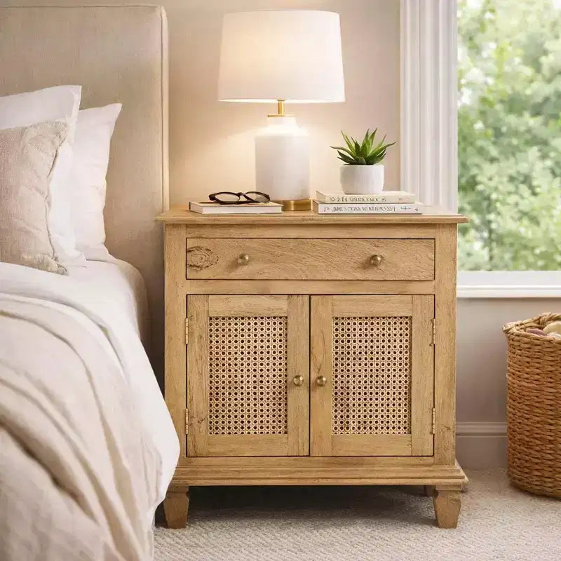 La Table de Chevet Urban Port 30", Portes d'Armoire en Rotin et Façades de Tiroirs en Bois de Mangue Sablé Marron