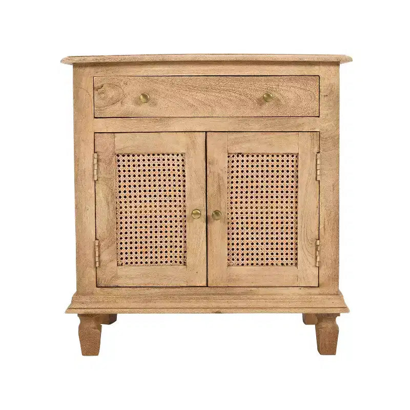 La Table de Chevet Urban Port 30", Portes d'Armoire en Rotin et Façades de Tiroirs en Bois de Mangue Sablé Marron