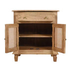 La Table de Chevet Urban Port 30", Portes d'Armoire en Rotin et Façades de Tiroirs en Bois de Mangue Sablé Marron