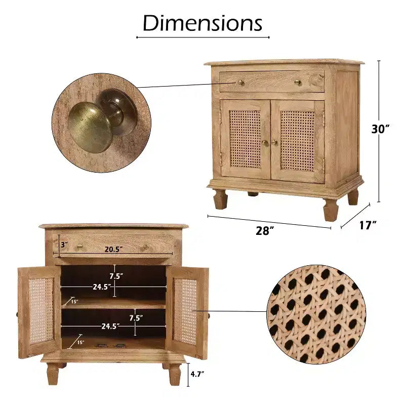 La Table de Chevet Urban Port 30", Portes d'Armoire en Rotin et Façades de Tiroirs en Bois de Mangue Sablé Marron