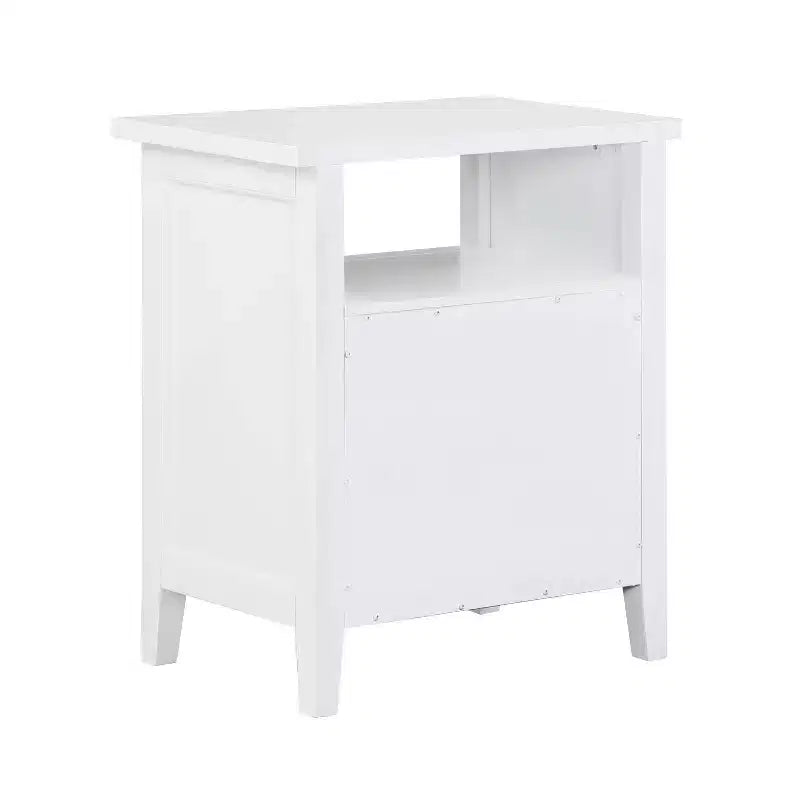 Table de chevet Walker Comfort Pointe blanche : Bois de peuplier, poignées en nickel, glissières métalliques à billes