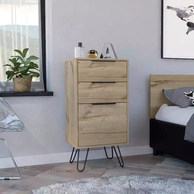 Commode Christiane Beige - Boahaus : Rangement mince et moderne pour chambre à coucher, 3 tiroirs, stratifié de bois