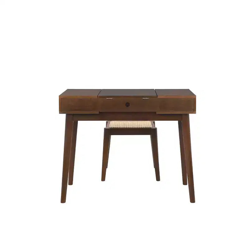 Meuble-lavabo en bois massif Linon Callie avec tabouret : design bohème, miroir rabattable, espace de rangement