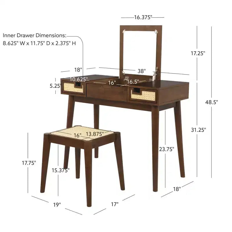 Meuble-lavabo en bois massif Linon Callie avec tabouret : design bohème, miroir rabattable, espace de rangement