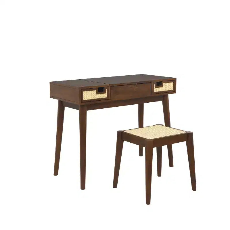 Meuble-lavabo en bois massif Linon Callie avec tabouret : design bohème, miroir rabattable, espace de rangement