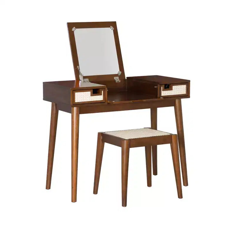 Meuble-lavabo en bois massif Linon Callie avec tabouret : design bohème, miroir rabattable, espace de rangement