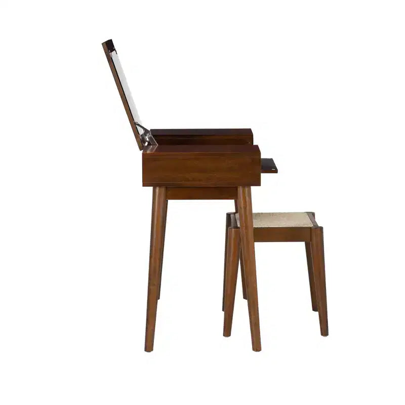 Meuble-lavabo en bois massif Linon Callie avec tabouret : design bohème, miroir rabattable, espace de rangement