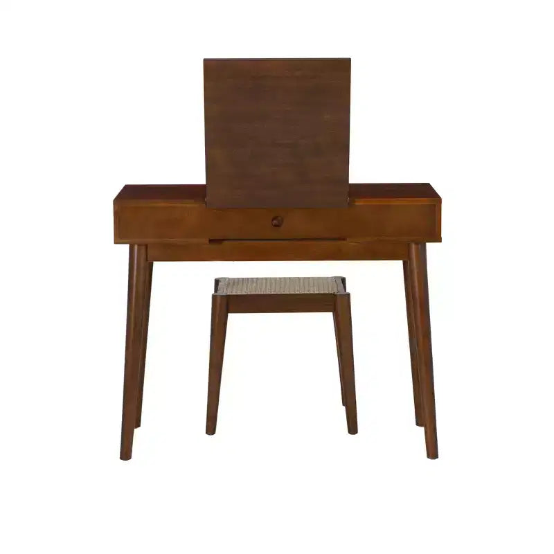Meuble-lavabo en bois massif Linon Callie avec tabouret : design bohème, miroir rabattable, espace de rangement